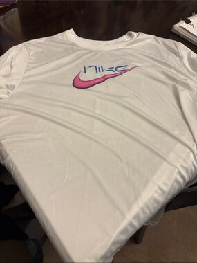 Nike White Tee with Pink Swoosh and Blue Logo